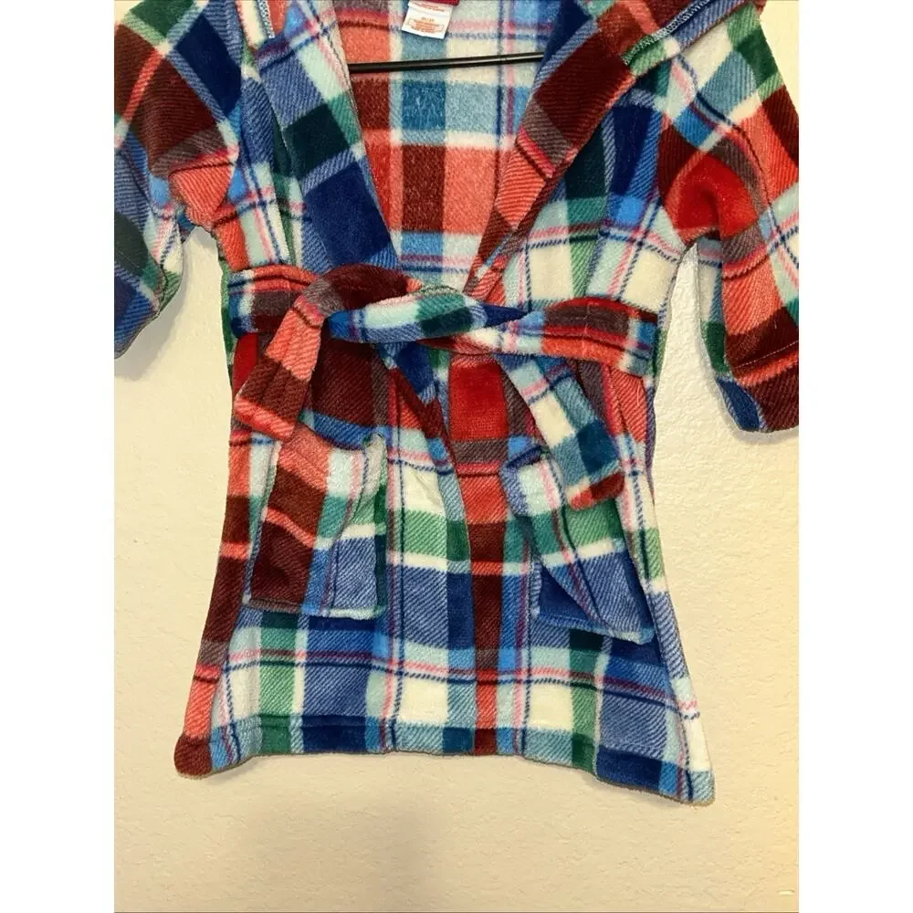 Cat & Jack Plaid Fleece Hooded Robe Tie Waist Pockets Red Green Blue 2t/3t